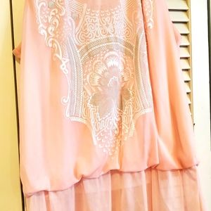 Soft pink polyester sheer blouse. Size L. Lined. Button back. Elastic waist.
